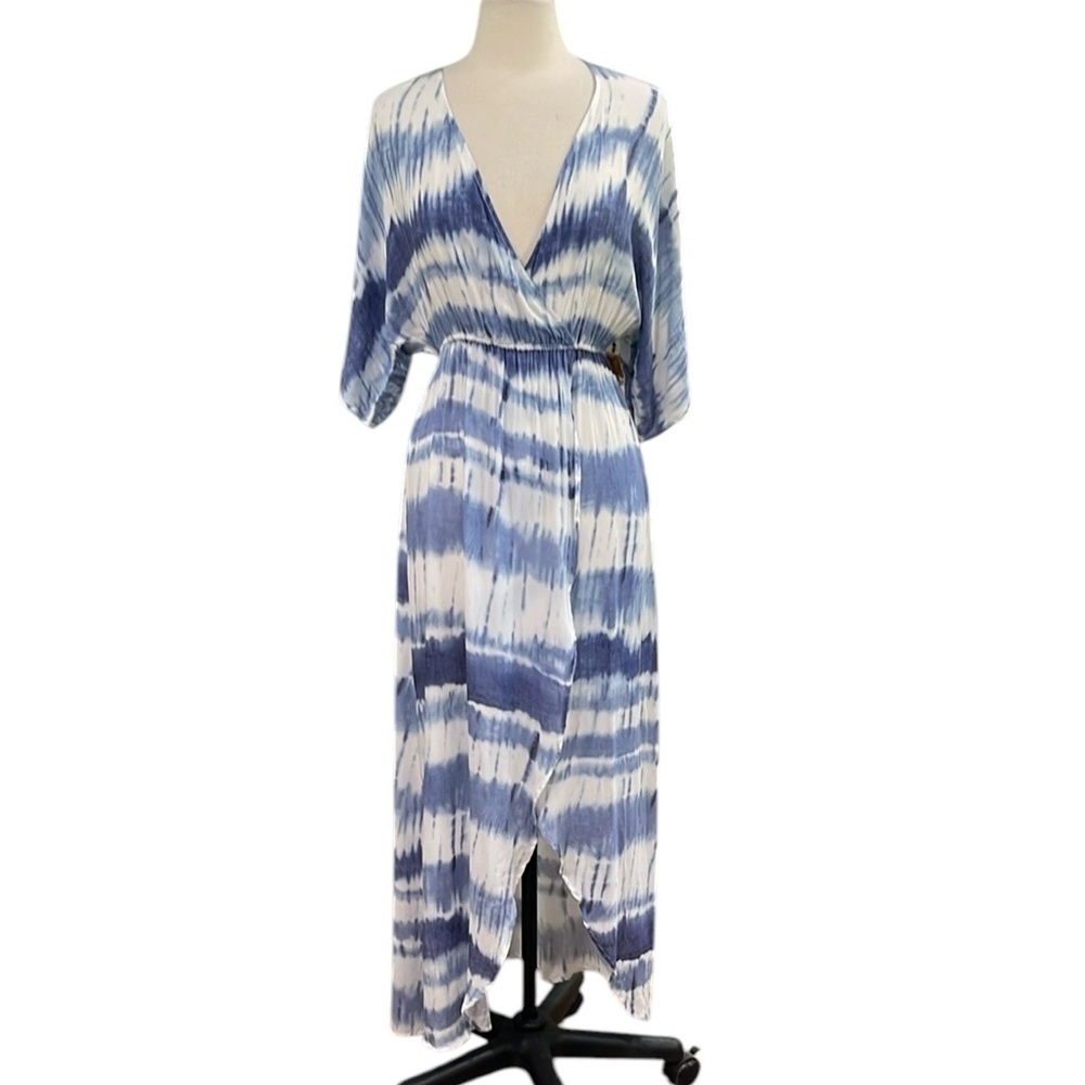 NWT Surf Gypsy Tie Dye Faux Wrap Surplice High Low Maxi Dress SZ S Blue White